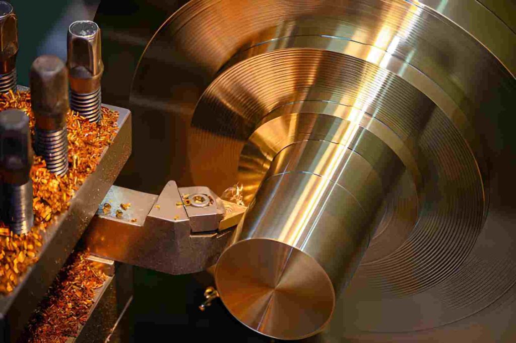 A lathe machine cutting a brass shaft