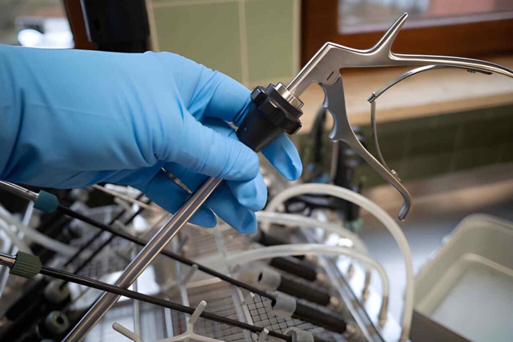 Endoscopic Surgical Instruments Placed in Sterilization Washing Basket
