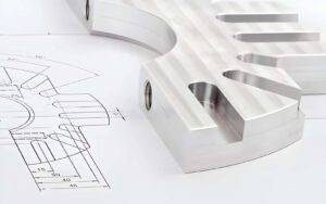 Aerospace machined part laid on a technical drawing