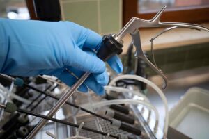 Endoscopic Surgical Instruments Placed in Sterilization Washing Basket