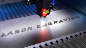 Laser engraving text overlaid on a metal sheet