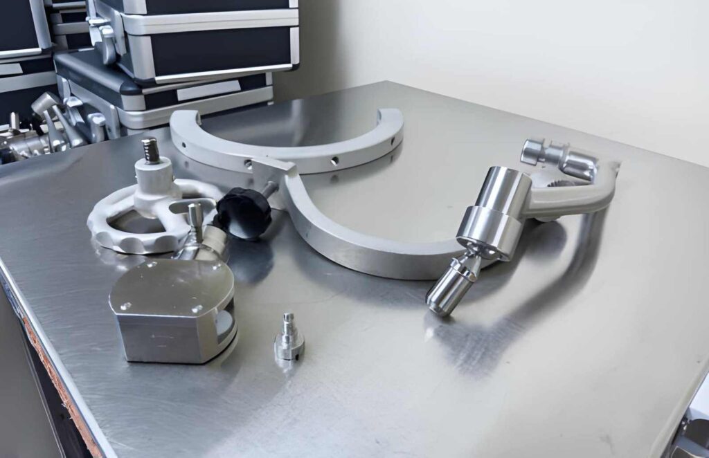Metal surgical tools on a sterile surface