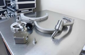 Metal surgical tools on a sterile surface