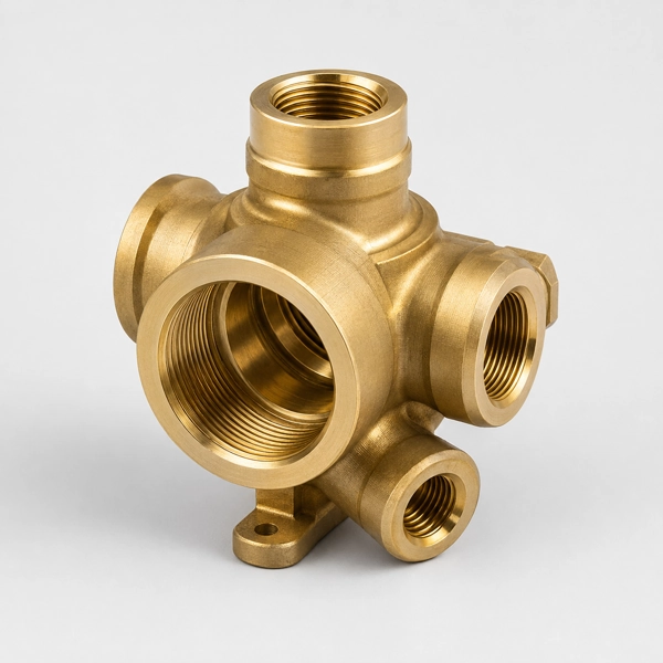 CNC machined brass valve body with threaded ports