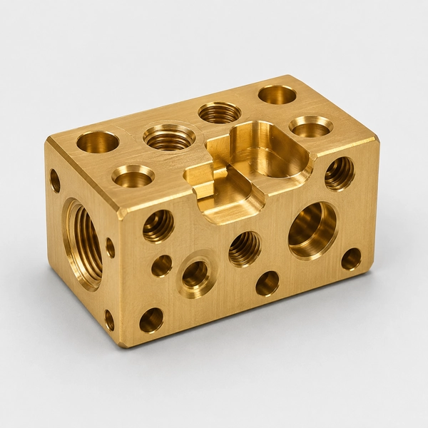 CNC machined brass manifold block with threaded ports