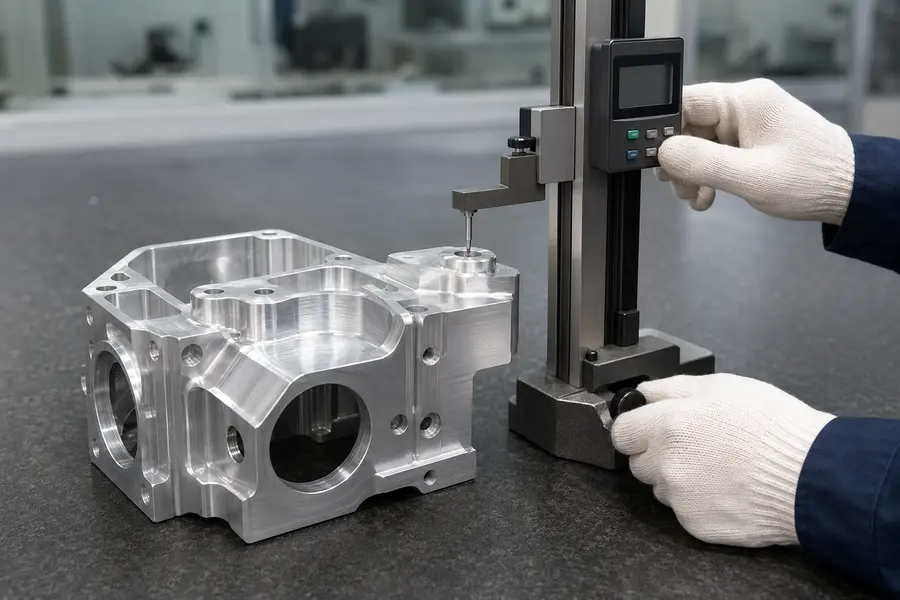 Height gauge inspecting a CNC machined aluminum part