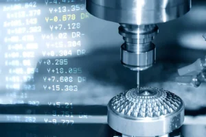 Abstract scene of the 3-axis CNC milling machine and G-code data background