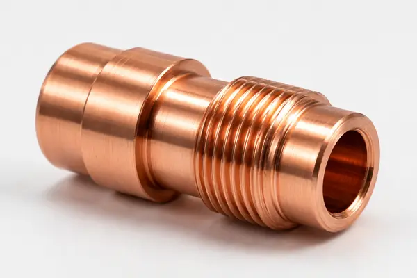 CNC-turned copper connector with precision threads