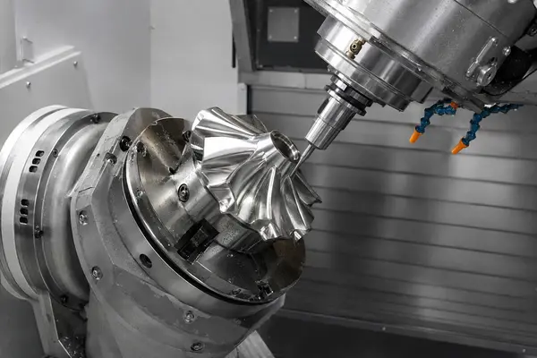 Complex stainless steel component undergoing 5-axis CNC machining