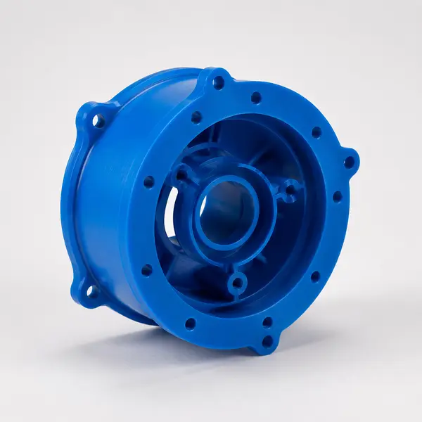 Blue CNC machined nylon gear housing with flange holes