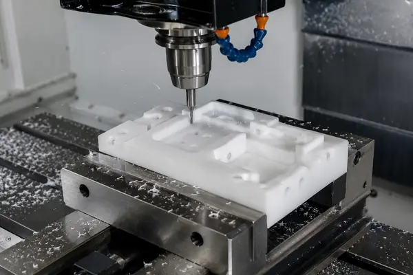 CNC milling a white engineering plastic part with precision features