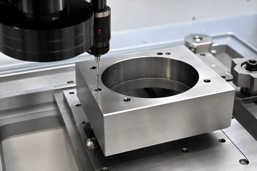 CNC touch probe inspecting a precision machined stainless steel component