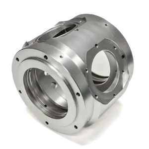 CNC machined stainless steel cylindrical housing with internal grooves and flanged end