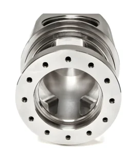 5-axis CNC-machined stainless steel housing with multiple circular openings and threaded ports