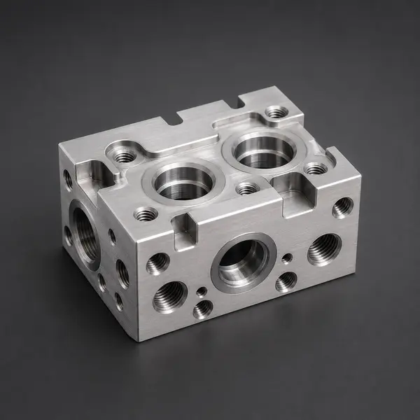 CNC machined stainless steel manifold block with threaded ports