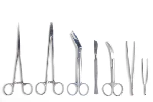 Surgeon tools: scalpel, forceps, clamps, scissors