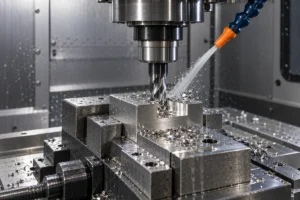 CNC milling a stainless steel block with coolant