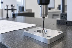 Coordinate measuring machine probe positioned near a bore in a machined aluminum plate