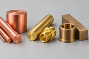 Illustration of copper rods, a brass fitting, and a bronze bushing