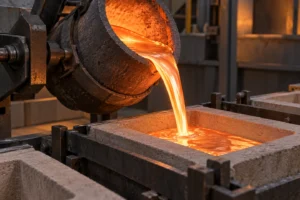 Illustration of molten copper being poured into an ingot mold