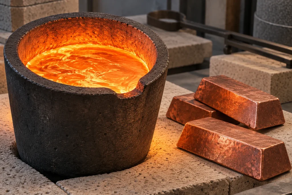 Illustration of molten copper in a crucible beside solid copper ingots
