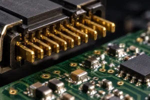 Gold-plated connector beside a circuit board