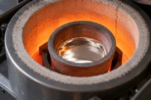 Molten silver in a crucible inside a glowing furnace