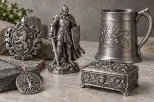 Pewter pendant, badge, figurine, tankard, and trinket box