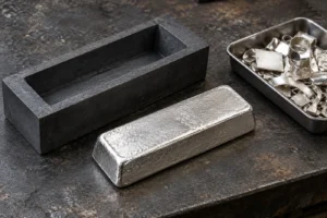 Silver scrap beside a graphite ingot mold and a cast silver bar