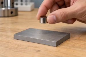 Handheld magnet positioned above a titanium sample
