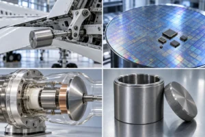 Illustrated tungsten applications in aerospace balancing, electronic components, medical X-ray equipment, and radiation shielding