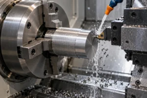 CNC lathe turning a tungsten heavy alloy component held securely in a three-jaw chuck