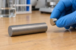 Gloved hand holding a magnet near a tungsten rod on a nonmagnetic wooden surface
